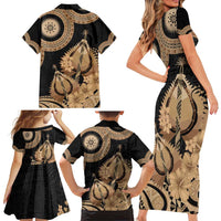 Black Bula Fiji Family Matching Short Sleeve Bodycon Dress and Hawaiian Shirt Fijian Dance Fan Tapa Cloth Pattern LT14 - Polynesian Pride
