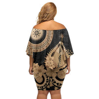 Black Bula Fiji Off Shoulder Short Dress Fijian Dance Fan Tapa Cloth Pattern