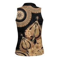 Black Bula Fiji Women Sleeveless Polo Shirt Fijian Dance Fan Tapa Cloth Pattern LT14 - Polynesian Pride