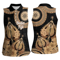 Black Bula Fiji Women Sleeveless Polo Shirt Fijian Dance Fan Tapa Cloth Pattern LT14 - Polynesian Pride