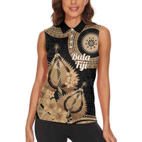 Black Bula Fiji Women Sleeveless Polo Shirt Fijian Dance Fan Tapa Cloth Pattern LT14 - Polynesian Pride