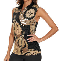 Black Bula Fiji Women Sleeveless Polo Shirt Fijian Dance Fan Tapa Cloth Pattern LT14 - Polynesian Pride
