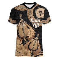 Black Bula Fiji Women V-Neck T-Shirt Fijian Dance Fan Tapa Cloth Pattern LT14 Female Black - Polynesian Pride