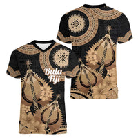 Black Bula Fiji Women V-Neck T-Shirt Fijian Dance Fan Tapa Cloth Pattern LT14 - Polynesian Pride