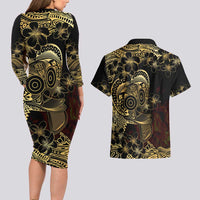 Frangipani Festival Rabaul Couples Matching Long Sleeve Bodycon Dress and Hawaiian Shirt PNG Tribal Baining Mask Tattoo LT14 - Polynesian Pride