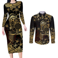 Frangipani Festival Rabaul Couples Matching Long Sleeve Bodycon Dress and Long Sleeve Button Shirt PNG Tribal Baining Mask Tattoo LT14 Black - Polynesian Pride