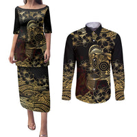 Frangipani Festival Rabaul Couples Matching Puletasi and Long Sleeve Button Shirt PNG Tribal Baining Mask Tattoo LT14 Black - Polynesian Pride