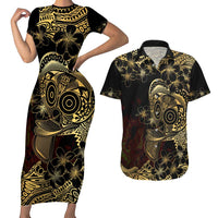 Frangipani Festival Rabaul Couples Matching Short Sleeve Bodycon Dress and Hawaiian Shirt PNG Tribal Baining Mask Tattoo LT14 Black - Polynesian Pride