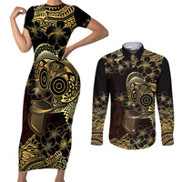 Frangipani Festival Rabaul Couples Matching Short Sleeve Bodycon Dress and Long Sleeve Button Shirt PNG Tribal Baining Mask Tattoo LT14 Black - Polynesian Pride