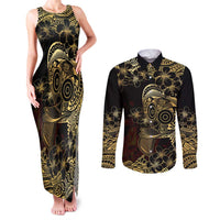 Frangipani Festival Rabaul Couples Matching Tank Maxi Dress and Long Sleeve Button Shirt PNG Tribal Baining Mask Tattoo LT14 Black - Polynesian Pride