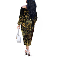 Frangipani Festival Rabaul Off The Shoulder Long Sleeve Dress PNG Tribal Baining Mask Tattoo LT14 - Polynesian Pride
