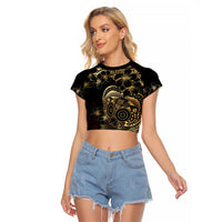 Frangipani Festival Rabaul Raglan Cropped T Shirt PNG Tribal Baining Mask Tattoo LT14 Female Black - Polynesian Pride