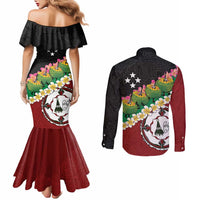 Frangipani Festival Rabaul East New Britain Couples Matching Mermaid Dress and Long Sleeve Button Shirt Dukduk Dance With Plumeria LT14 - Polynesian Pride