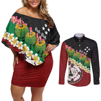 Frangipani Festival Rabaul East New Britain Couples Matching Off Shoulder Short Dress and Long Sleeve Button Shirt Dukduk Dance With Plumeria LT14 Red - Polynesian Pride