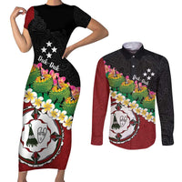 Frangipani Festival Rabaul East New Britain Couples Matching Short Sleeve Bodycon Dress and Long Sleeve Button Shirt Dukduk Dance With Plumeria LT14 Red - Polynesian Pride