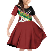 Frangipani Festival Rabaul East New Britain Family Matching Off Shoulder Short Dress and Hawaiian Shirt Dukduk Dance With Plumeria LT14 Daughter's Dress Red - Polynesian Pride