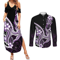 Purple Black Aloha Hawaii Couples Matching Summer Maxi Dress and Long Sleeve Button Shirt Polynesian Shark Tattoo Plumeria LT14 Purple - Polynesian Pride