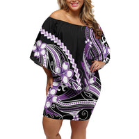 Purple Black Aloha Hawaii Family Matching Off Shoulder Short Dress and Hawaiian Shirt Polynesian Shark Tattoo Plumeria LT14 Mom's Dress Purple - Polynesian Pride