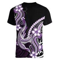 Purple Black Aloha Hawaii Women V-Neck T-Shirt Polynesian Shark Tattoo Plumeria LT14 - Polynesian Pride