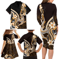 Orange Black Aloha Hawaii Family Matching Long Sleeve Bodycon Dress and Hawaiian Shirt Polynesian Shark Tattoo Plumeria LT14 - Polynesian Pride
