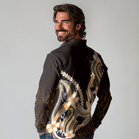 Orange Black Aloha Hawaii Long Sleeve Polo Shirt Polynesian Shark Tattoo Plumeria
