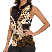 Orange Black Aloha Hawaii Women Sleeveless Polo Shirt Polynesian Shark Tattoo Plumeria LT14 - Polynesian Pride