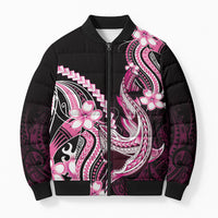 Pink Black Aloha Hawaii Bomber Puffer Jacket Polynesian Shark Tattoo Plumeria