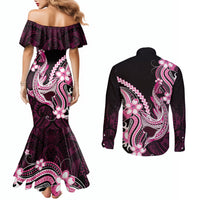 Pink Black Aloha Hawaii Couples Matching Mermaid Dress and Long Sleeve Button Shirt Polynesian Shark Tattoo Plumeria LT14 - Polynesian Pride