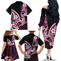 Pink Black Aloha Hawaii Family Matching Off The Shoulder Long Sleeve Dress and Hawaiian Shirt Polynesian Shark Tattoo Plumeria LT14 - Polynesian Pride