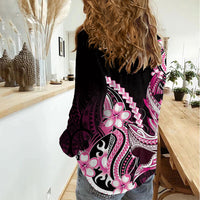 Pink Black Aloha Hawaii Women Casual Shirt Polynesian Shark Tattoo Plumeria LT14 - Polynesian Pride