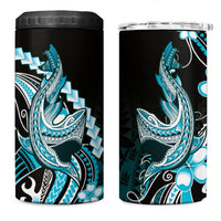 Blue Black Aloha Hawaii 4 in 1 Can Cooler Tumbler Polynesian Shark Tattoo Plumeria