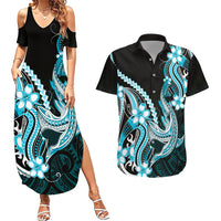 Blue Black Aloha Hawaii Couples Matching Summer Maxi Dress and Hawaiian Shirt Polynesian Shark Tattoo Plumeria LT14 Blue - Polynesian Pride