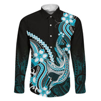 Blue Black Aloha Hawaii Family Matching Long Sleeve Bodycon Dress and Hawaiian Shirt Polynesian Shark Tattoo Plumeria LT14 Dad's Shirt - Long Sleeve Blue - Polynesian Pride
