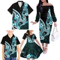 Blue Black Aloha Hawaii Family Matching Off The Shoulder Long Sleeve Dress and Hawaiian Shirt Polynesian Shark Tattoo Plumeria LT14 - Polynesian Pride