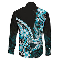 Blue Black Aloha Hawaii Family Matching Off Shoulder Maxi Dress and Hawaiian Shirt Polynesian Shark Tattoo Plumeria LT14 - Polynesian Pride