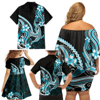Blue Black Aloha Hawaii Family Matching Off Shoulder Short Dress and Hawaiian Shirt Polynesian Shark Tattoo Plumeria LT14 - Polynesian Pride