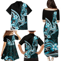 Blue Black Aloha Hawaii Family Matching Puletasi and Hawaiian Shirt Polynesian Shark Tattoo Plumeria LT14 - Polynesian Pride