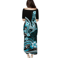 Blue Black Aloha Hawaii Family Matching Puletasi and Hawaiian Shirt Polynesian Shark Tattoo Plumeria LT14 - Polynesian Pride