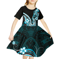 Blue Black Aloha Hawaii Kid Short Sleeve Dress Polynesian Shark Tattoo Plumeria