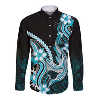 Blue Black Aloha Hawaii Long Sleeve Button Shirt Polynesian Shark Tattoo Plumeria