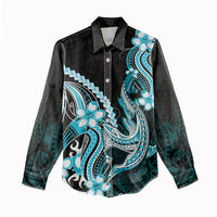 Blue Black Aloha Hawaii Women Casual Shirt Polynesian Shark Tattoo Plumeria LT14 - Polynesian Pride