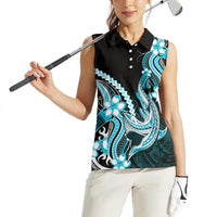 Blue Black Aloha Hawaii Women Sleeveless Polo Shirt Polynesian Shark Tattoo Plumeria LT14 - Polynesian Pride
