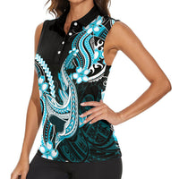 Blue Black Aloha Hawaii Women Sleeveless Polo Shirt Polynesian Shark Tattoo Plumeria LT14 - Polynesian Pride