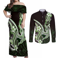 Green Black Aloha Hawaii Couples Matching Off Shoulder Maxi Dress and Long Sleeve Button Shirt Polynesian Shark Tattoo Plumeria LT14 Green - Polynesian Pride