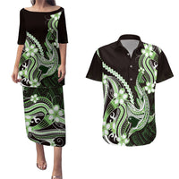 Green Black Aloha Hawaii Couples Matching Puletasi and Hawaiian Shirt Polynesian Shark Tattoo Plumeria LT14 Green - Polynesian Pride