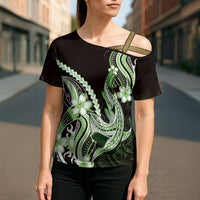 Green Black Aloha Hawaii Cross Shoulder Shirt Polynesian Shark Tattoo Plumeria