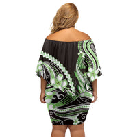 Green Black Aloha Hawaii Family Matching Off Shoulder Short Dress and Hawaiian Shirt Polynesian Shark Tattoo Plumeria LT14 - Polynesian Pride