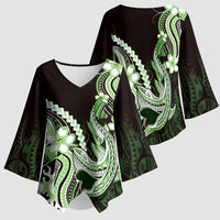 Green Black Aloha Hawaii Kimono Sleeve Blouse Polynesian Shark Tattoo Plumeria