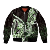 Green Black Aloha Hawaii Sleeve Zip Bomber Jacket Polynesian Shark Tattoo Plumeria