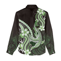 Green Black Aloha Hawaii Women Casual Shirt Polynesian Shark Tattoo Plumeria LT14 - Polynesian Pride